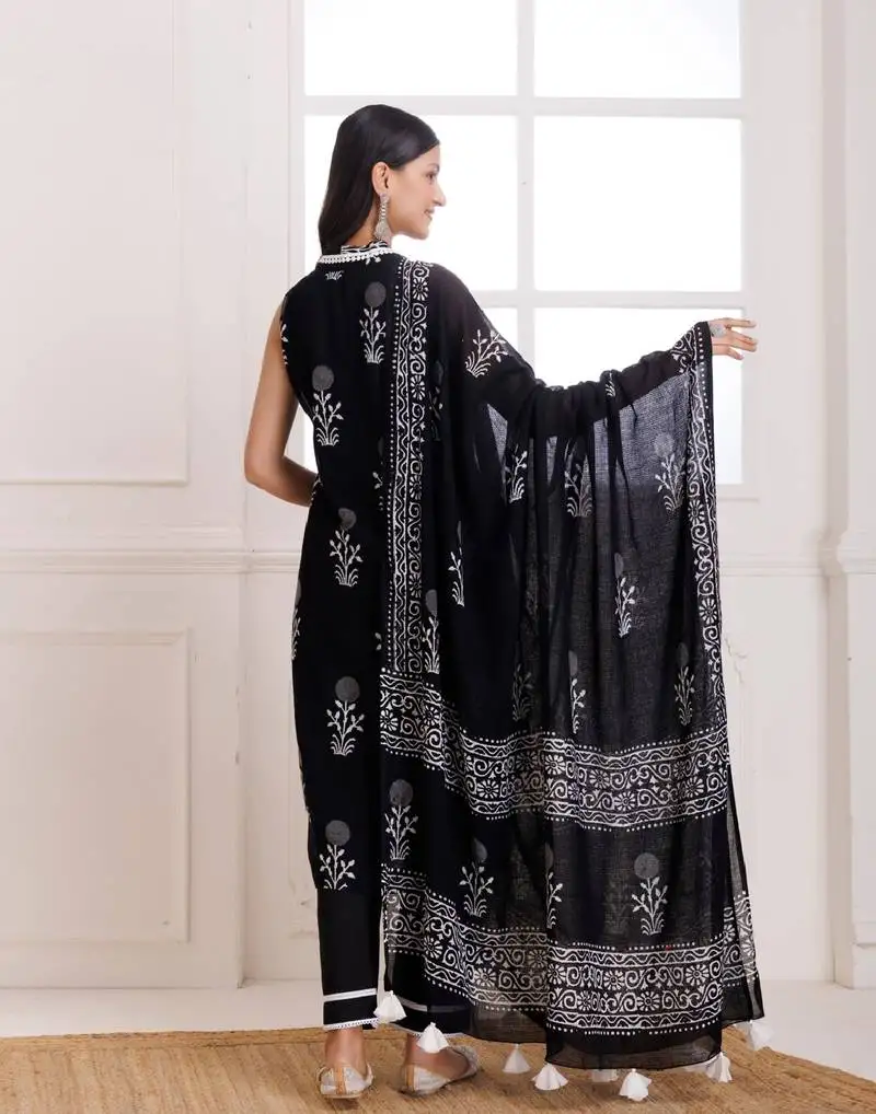 Black butta hand block print moonga suit set