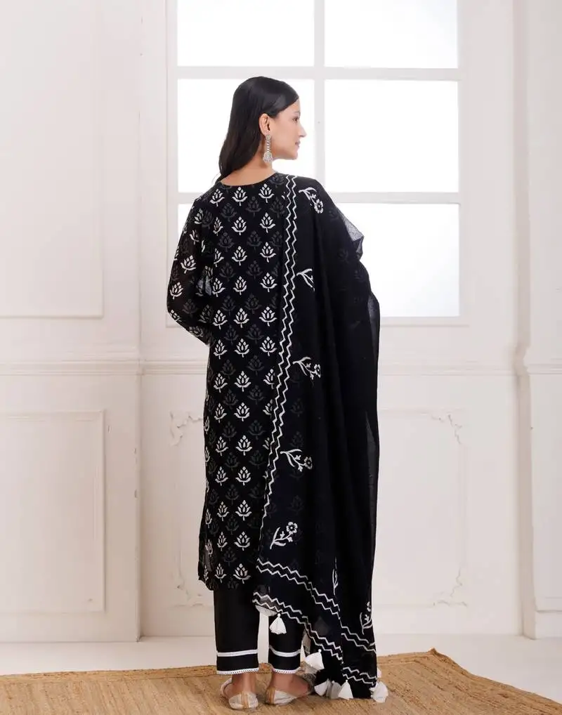 Black butti hand block printed moonga cotton suit set