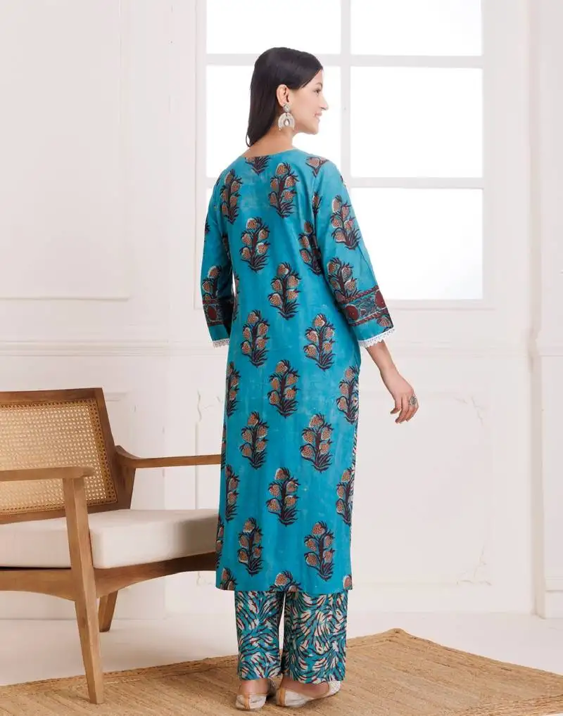 Turquoise hand block printed cotton suit set