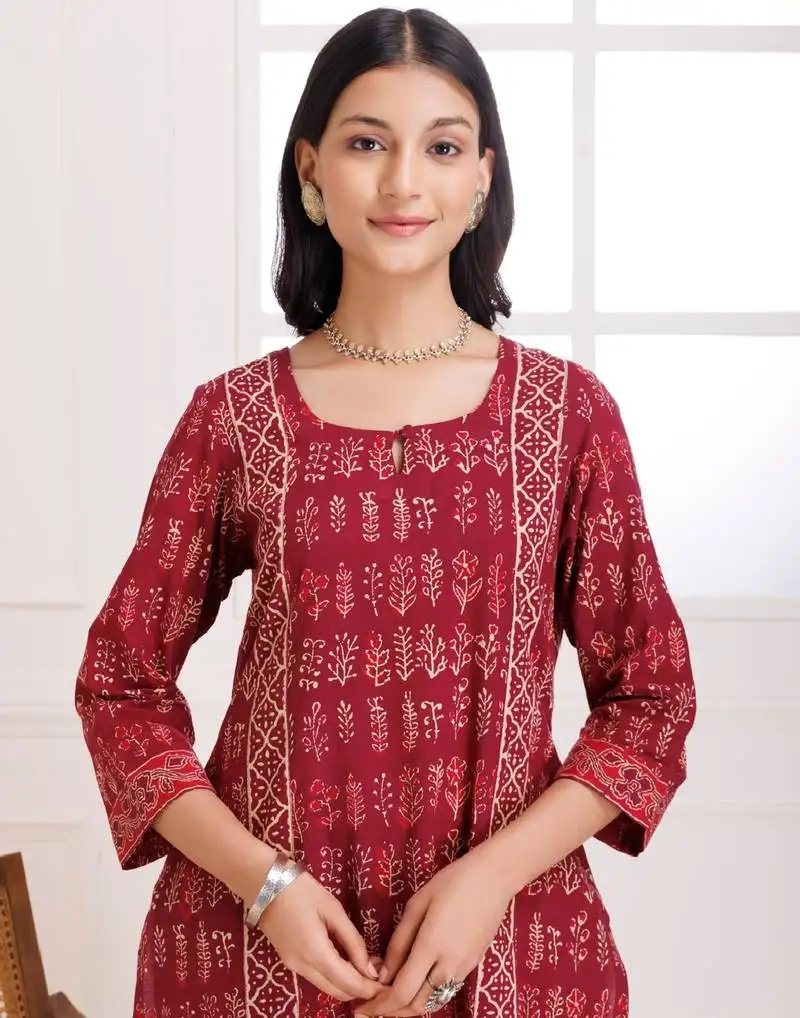Wine handblock printed cotton suit set