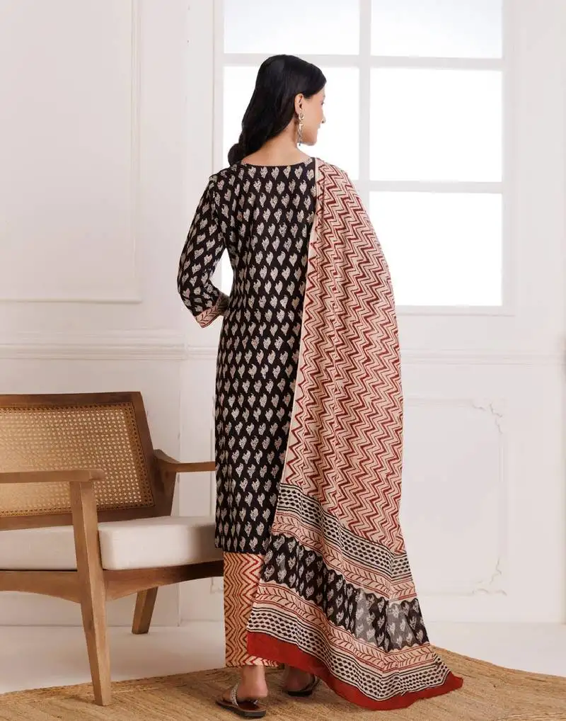 Black bagru hand printed cotton suit set
