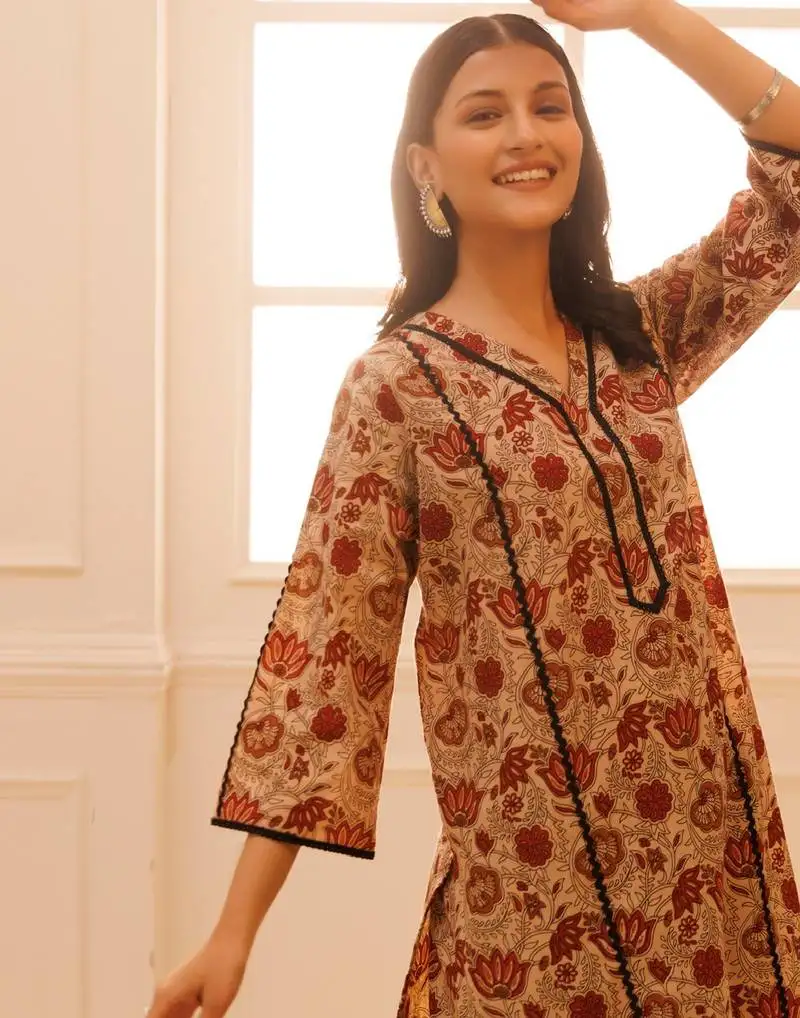 Beige & red bagru hand block printed cotton kurta pant