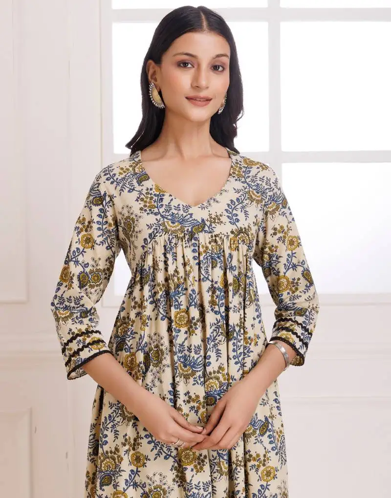 Beige bagru hand block printed cotton gathered kurta pant