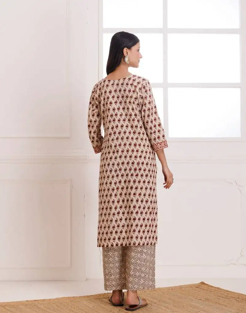 Beige bagru hand block printed cotton suit set