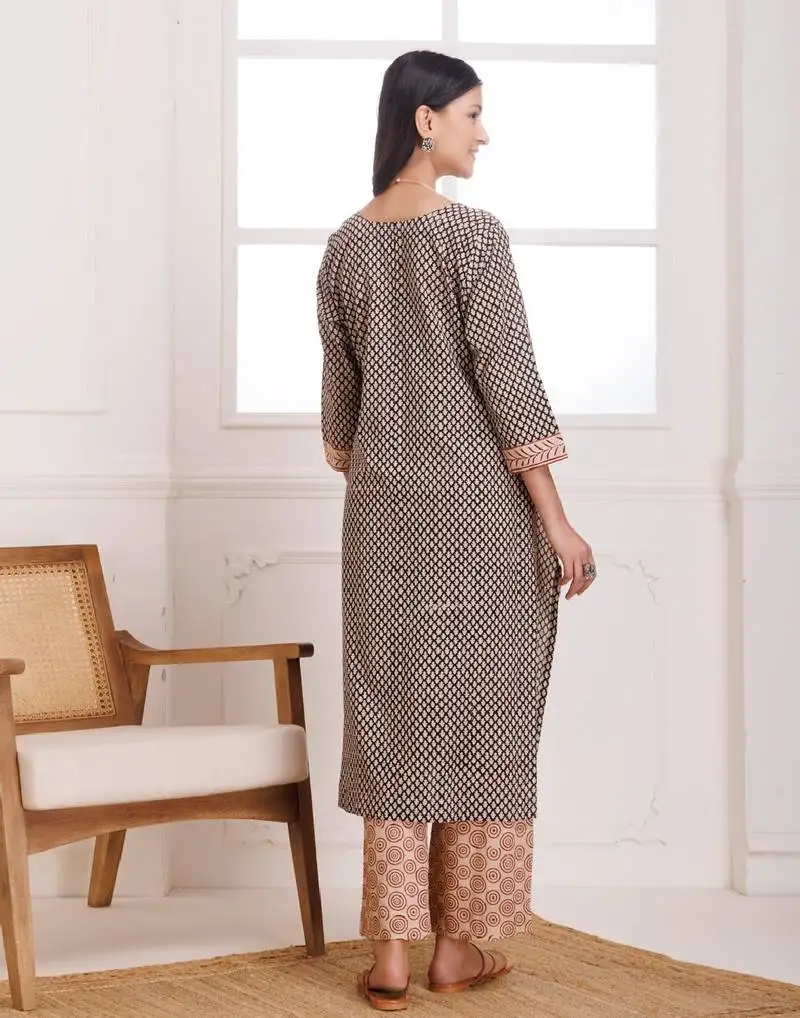 Black bagru butti hand block printed cotton suit set