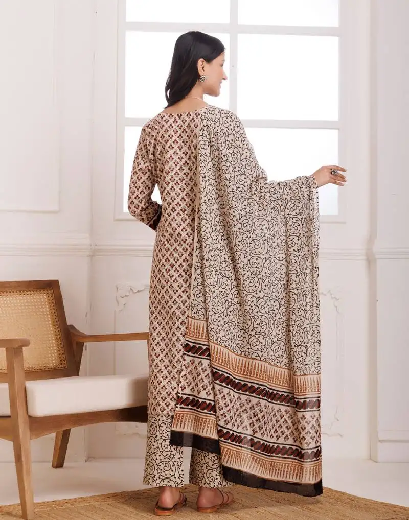 Beige & red bagru hand block printed cotton suit set