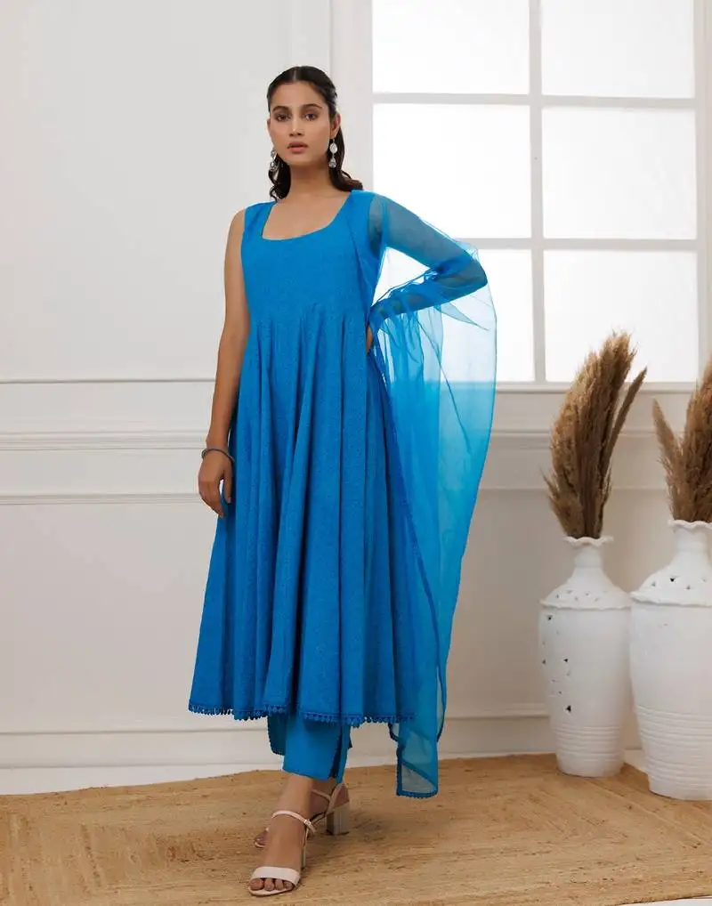 Turquoise schiffli anarkali suit set