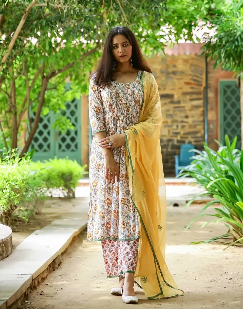 White & yellow block printed cotton suit set
