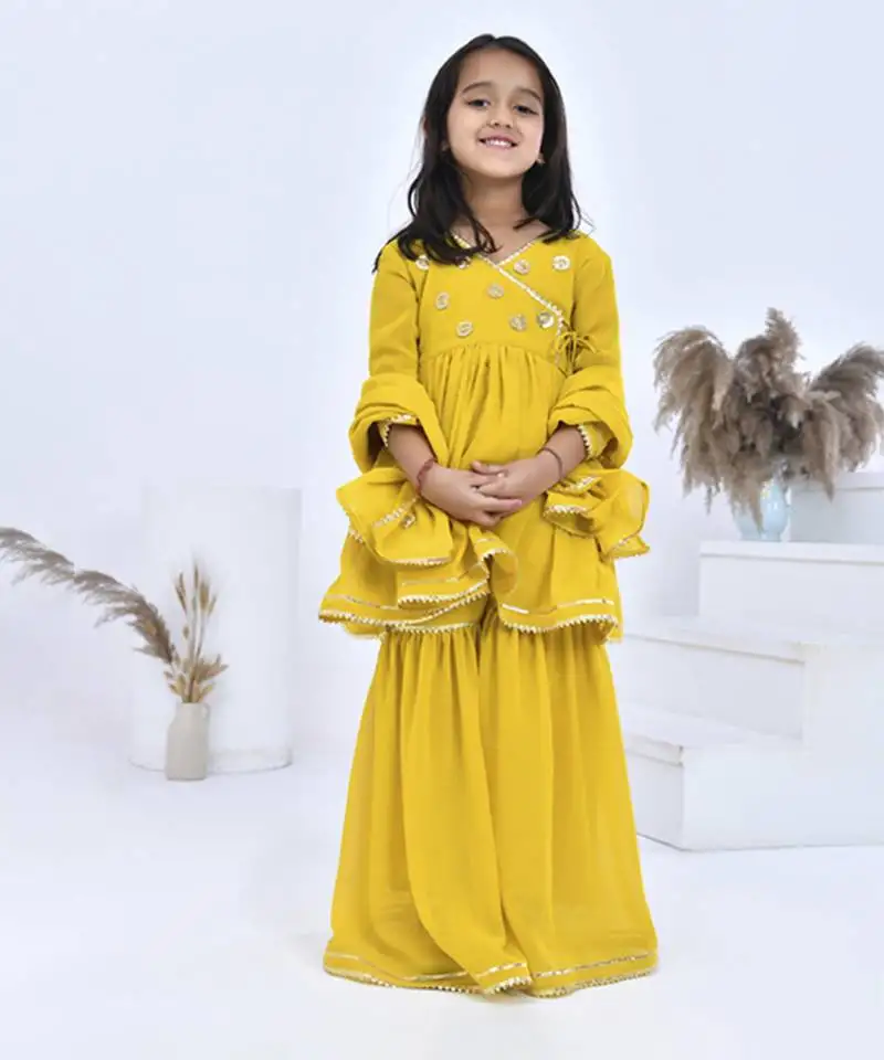 Yellow embroidered georgette girls sharara set