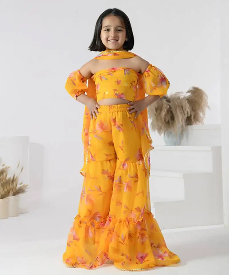 Yellow printed chiffon girls sharara set