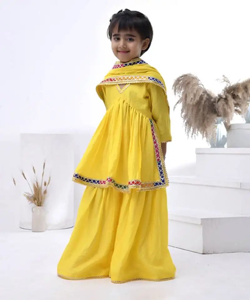 Yellow embroidered chanderi girls sharara set