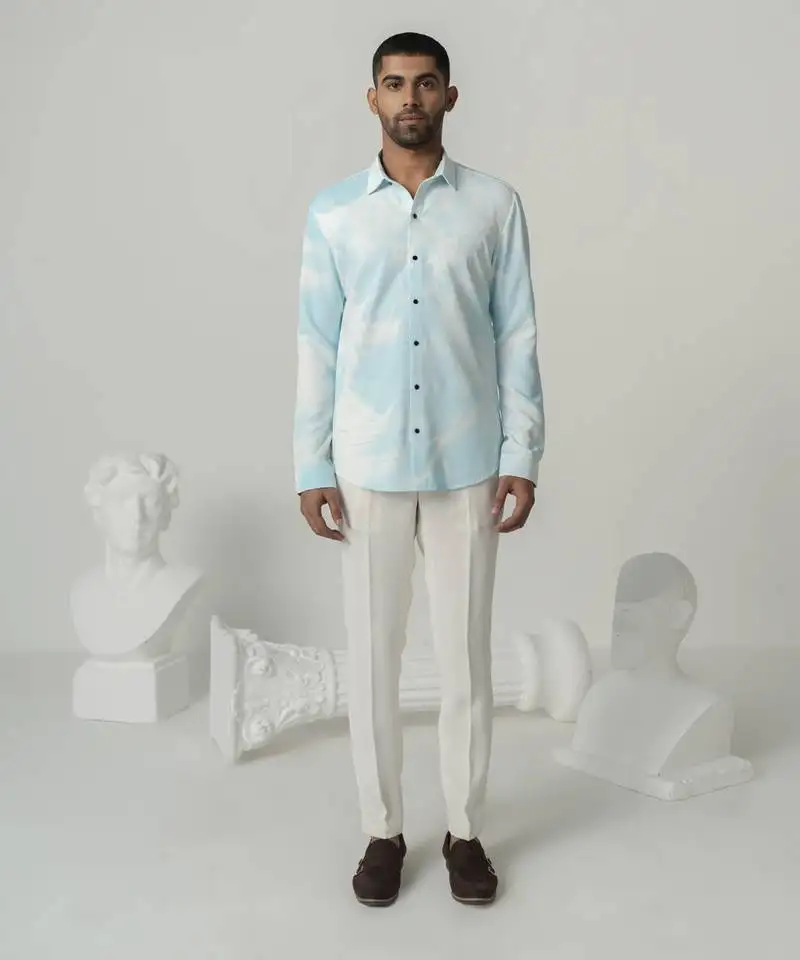 Aqua serene splash printed work italian crepe shirt