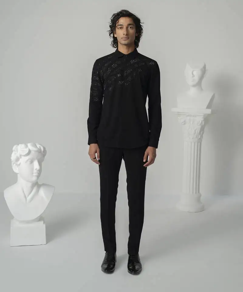 Black cosmic trail plain work japanese polyester shirt