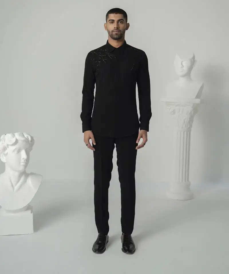 Black lumen strike plain work italian crepe shirt