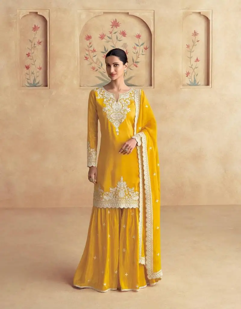 Yellow chinon sakwar kameez with dupatta stitched