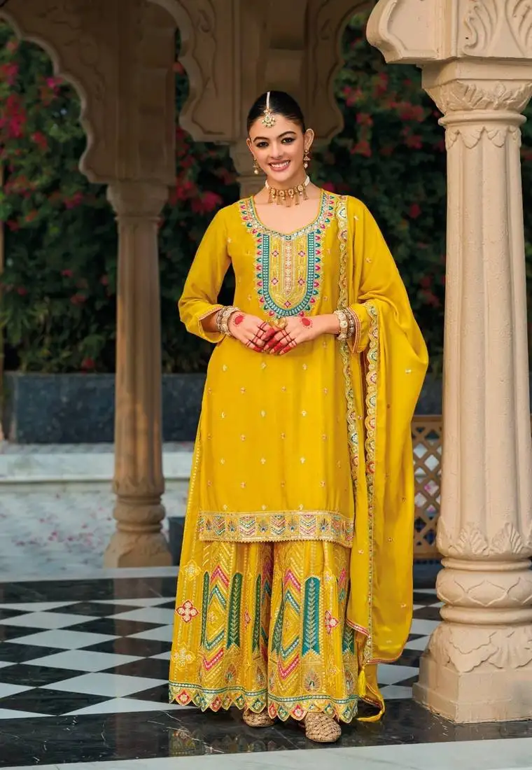 Yellow premium embroidered chinon readymade salwar suit (free size) stitched