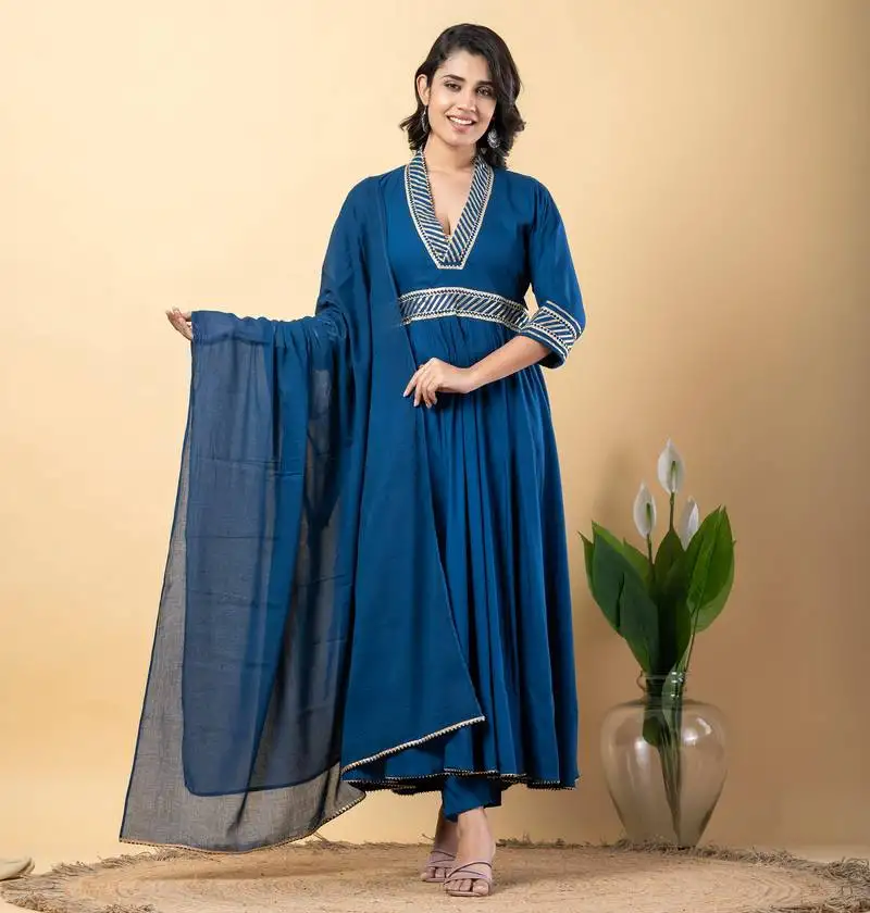 Blue bijiya work rayon anarkali with bottom & dupatta set