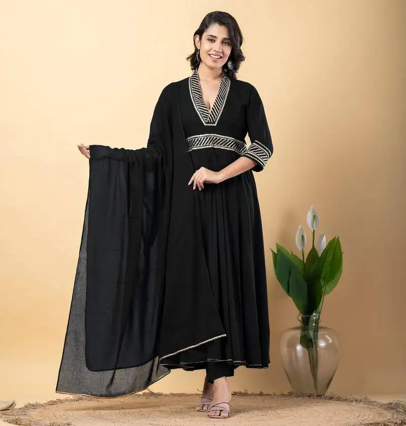 Black bijiya work rayon anarkali with bottom & dupatta set