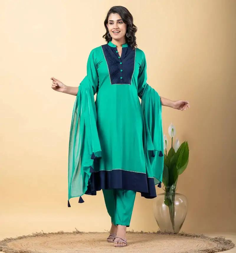 Green bijiya work rayon a-line kurta with bottom & dupatta set