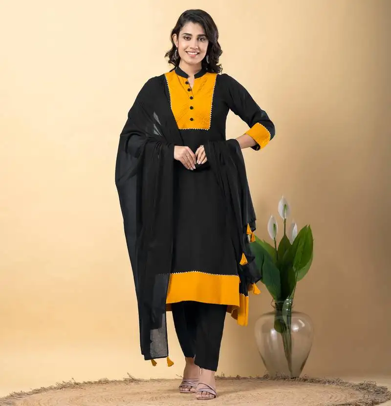 Black bijiya work rayon a-line kurta with bottom & dupatta set