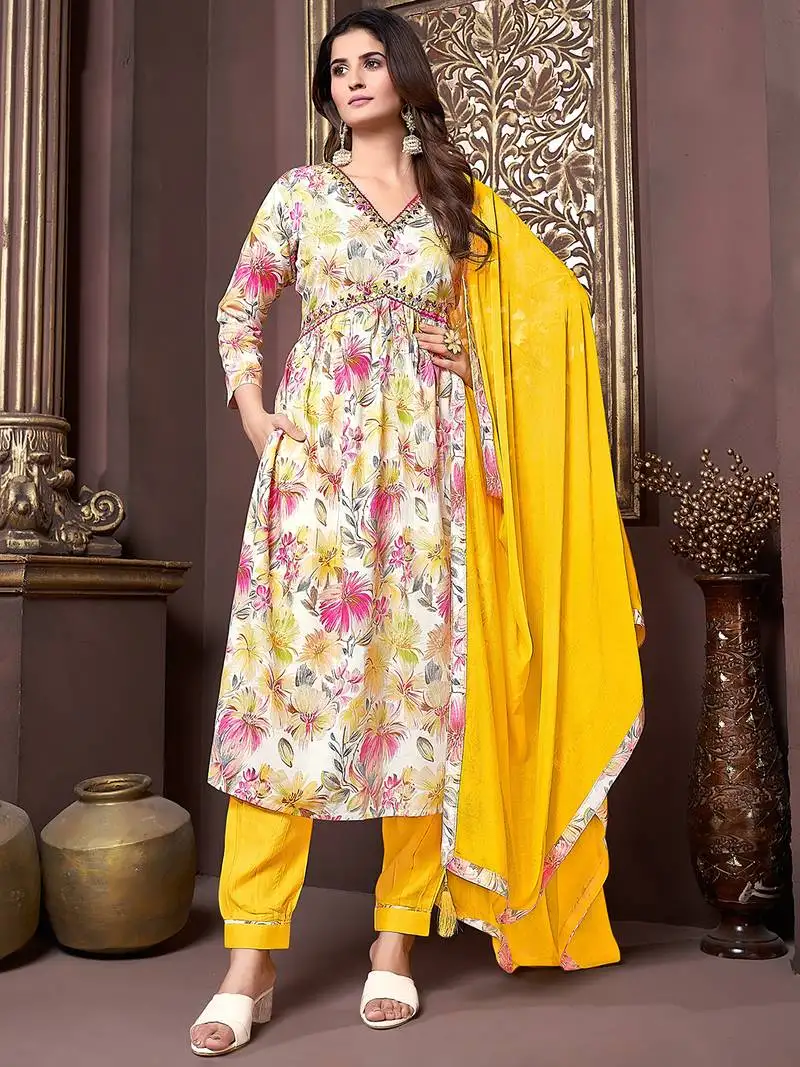 Yellow printed & handwork rayon readymade salwar kameez alia cut with two pocket stitched