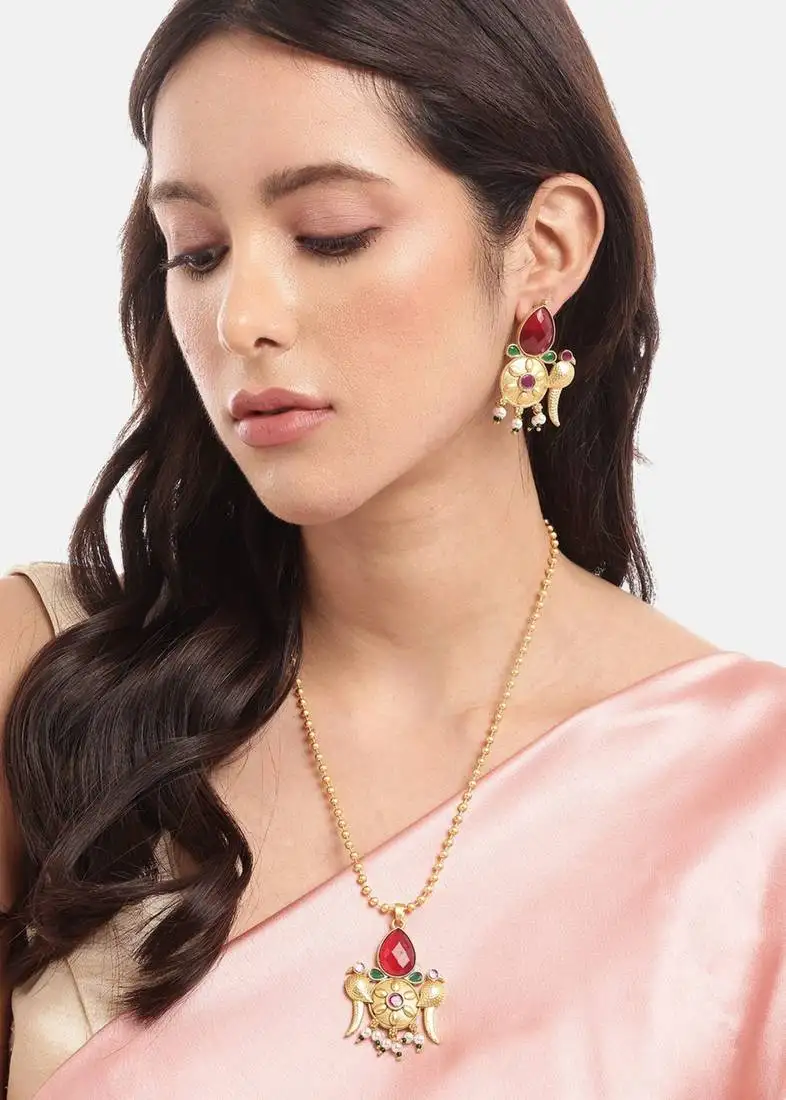 Gold plated ruby green pearls stone studded & beaded birds pendant chain and earrings jewelry set for women girls