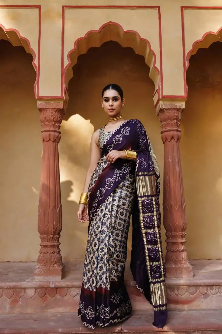 Wine pure bandhani silk saree with blouse piece