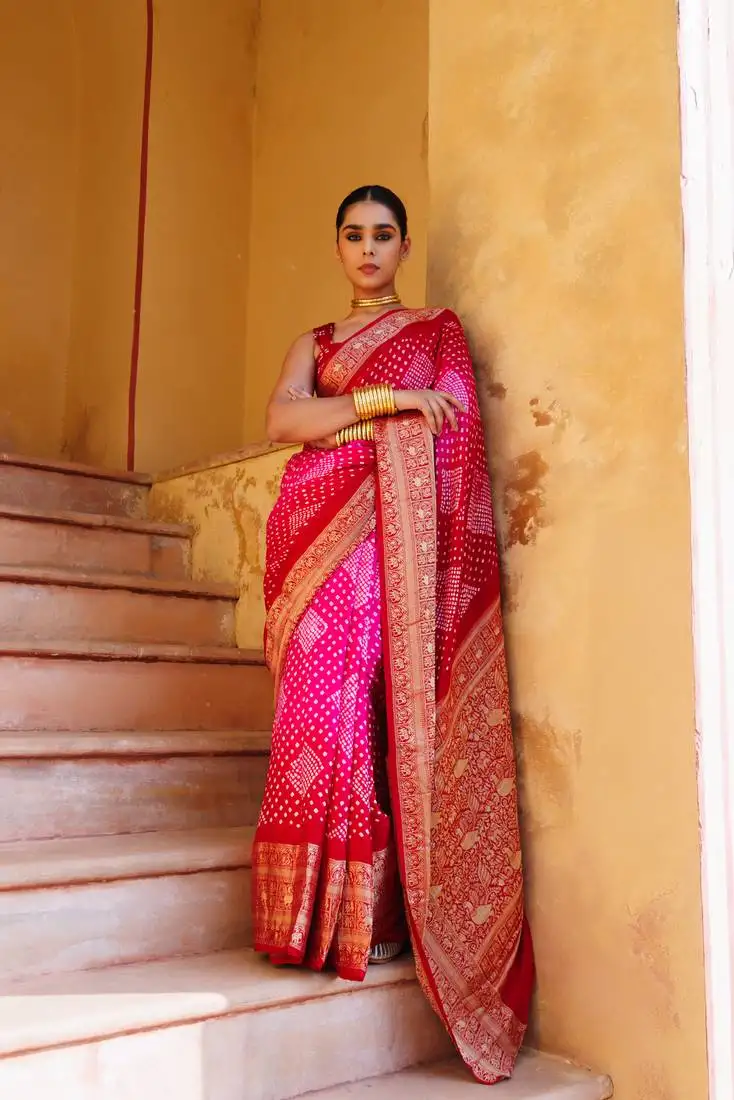 Red-pink pure bandhani silk saree with blouse piece