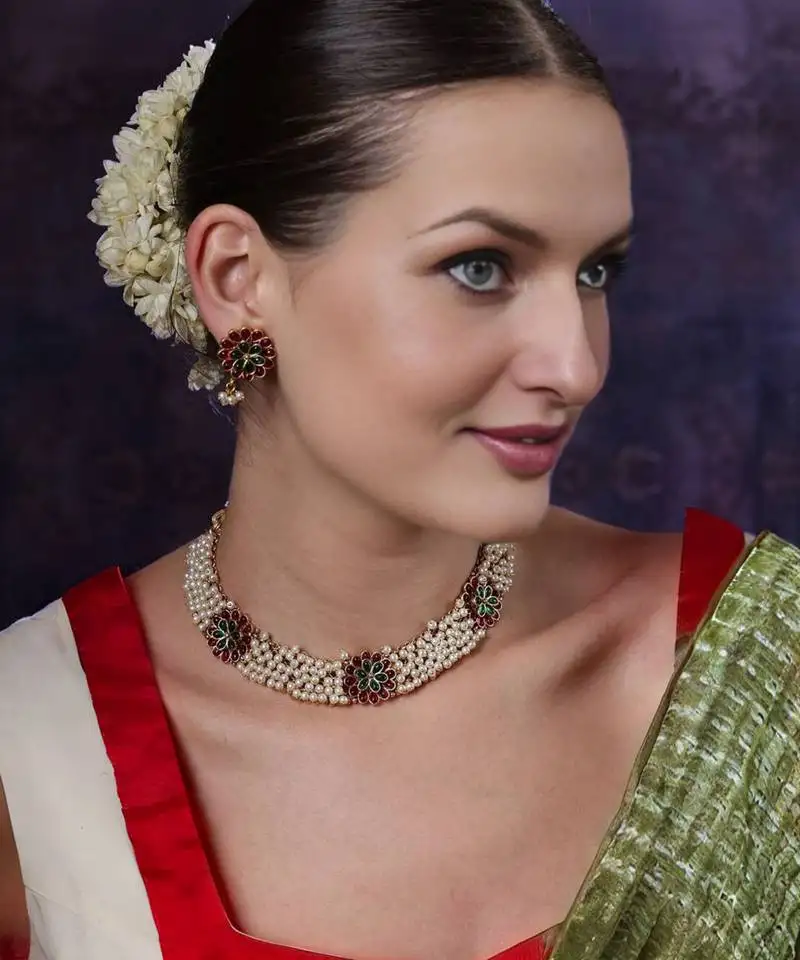 Gold plated pearls and kempu stone studded peacock choker jewelry set for women girls