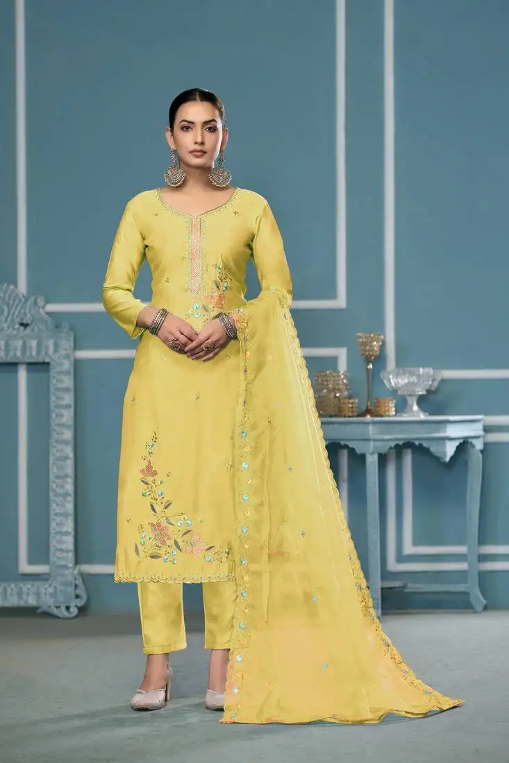 Yellow roman cotton fabric designer embroidery, hand work ethnic salwar suit unstitched
