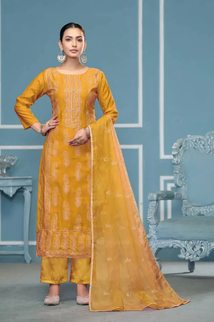 Yellow roman cotton fabric designer festive wear salwar kameez unstitched