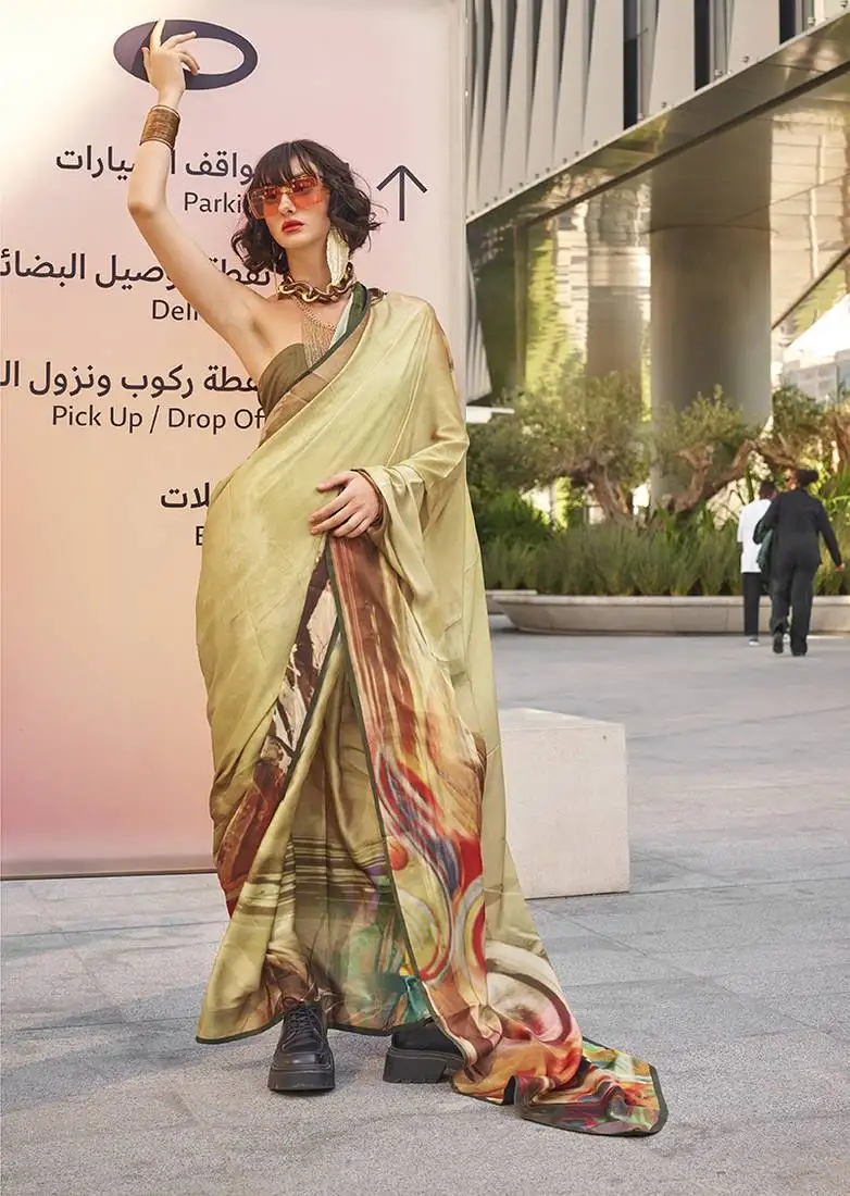 Beige printed work satin party wear saree