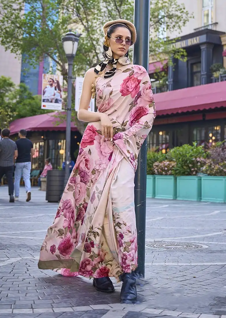 Beige colour festival digital printed crepe silk blend saree