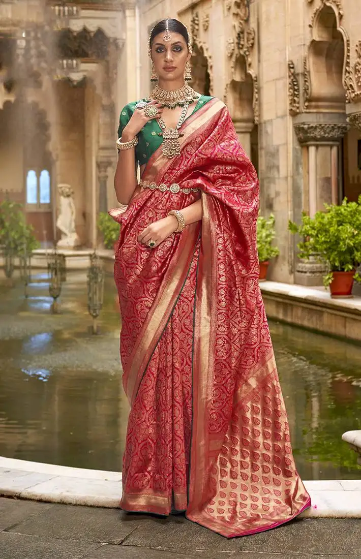 Banarasi silk blend jacquard work saree in red