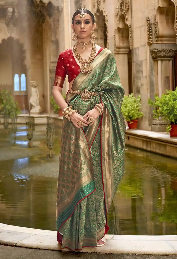 Banarasi silk blend jacquard work saree in green