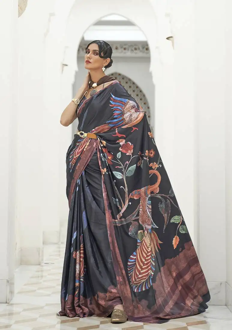 Black colour crepe silk blend digital print saree