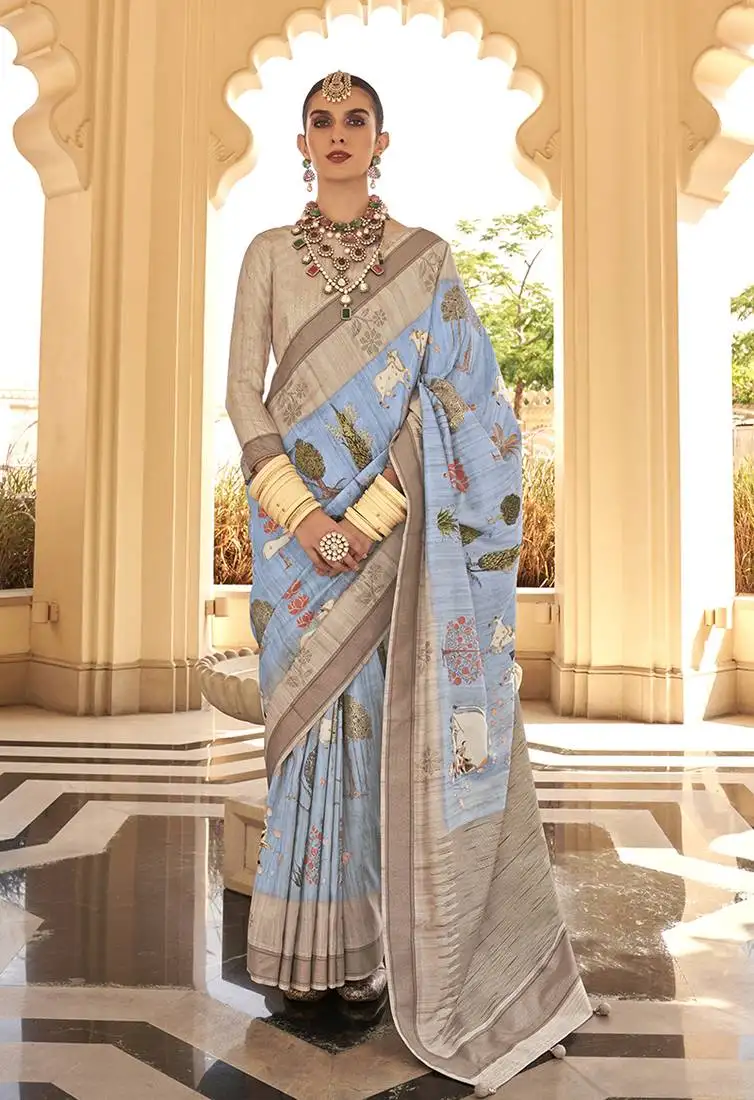 Aqua blue foil print art silk blend saree
