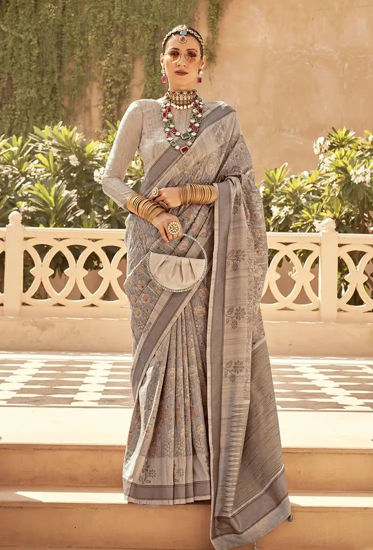 Beige foil print art silk blend saree