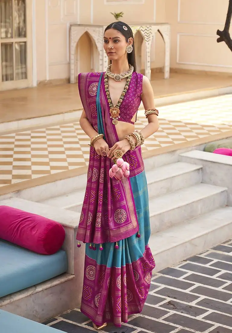 Aqua blue & magenta silk blend foil print saree