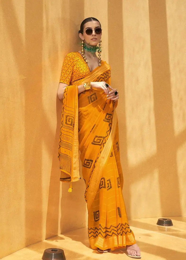Yellow printed georgette saree