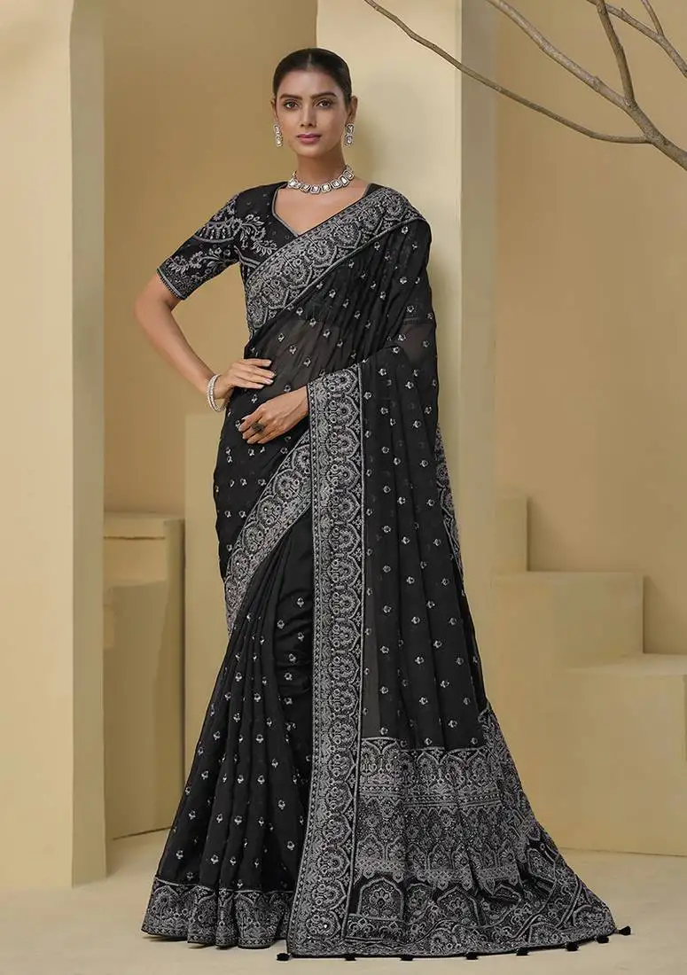 Black embroidered mirror organza silk blend saree