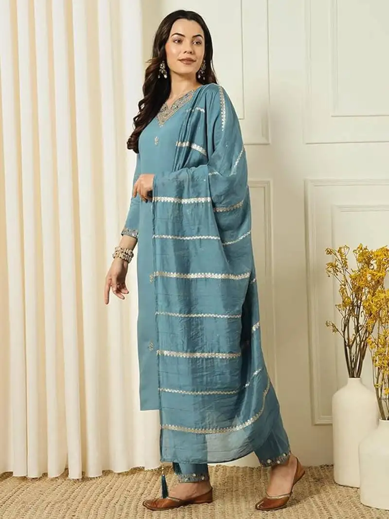 Aqua blue chanderi heavy thread embroidery work kurta pant set stitched