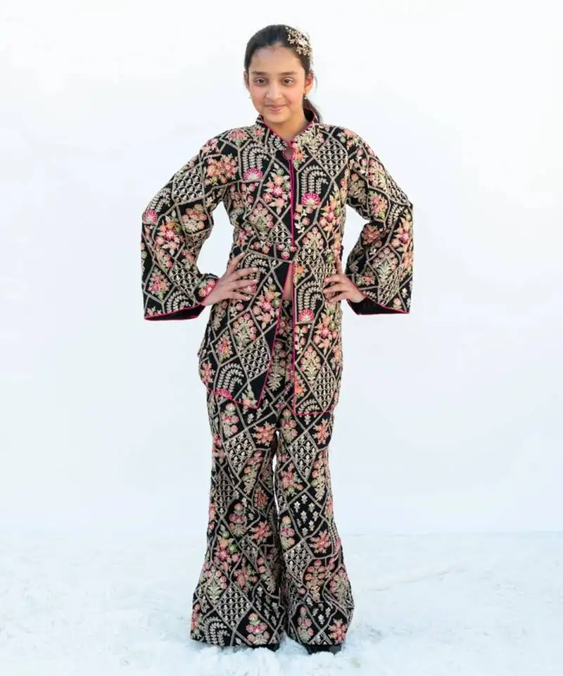 Black embroidered jacket & pant set