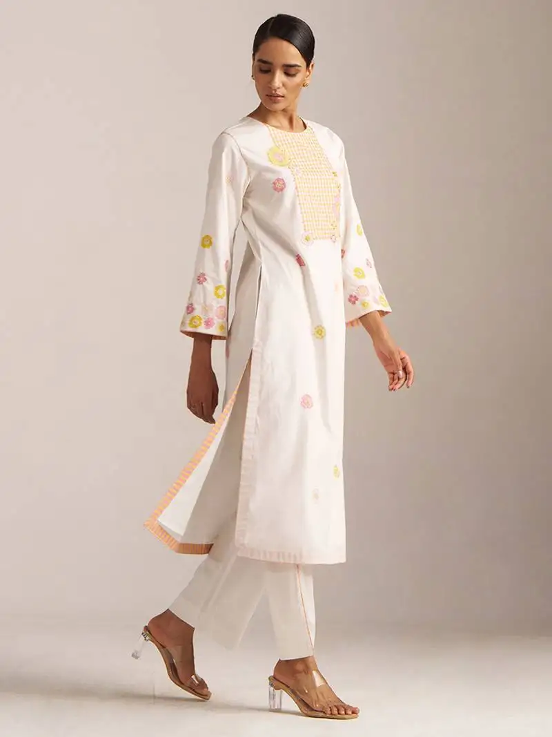 Ivory and multi color embroidered floral co-ord set