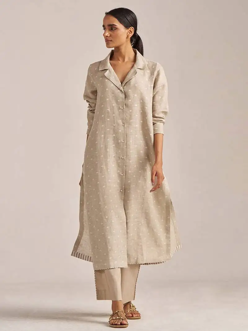 Undyed natural linen hand-printed kurta set