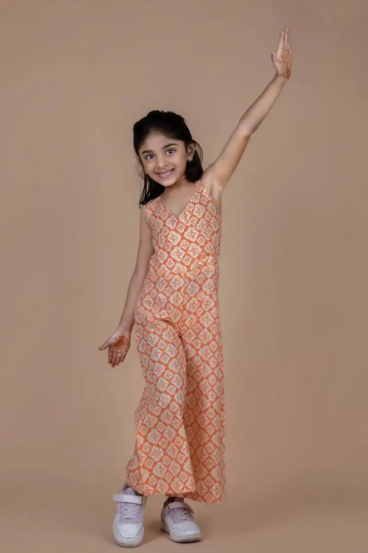 Orange lurex cotton sleeveless jumpsuit for girls