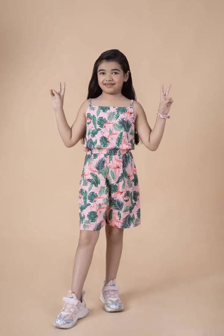 Pink holiday cotton sleeveless jumpsuit for girls