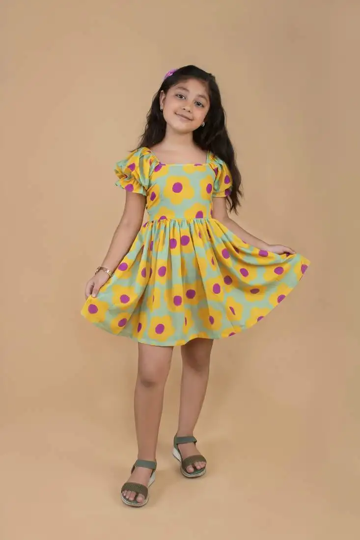 Yellow sunflower holiday half sleeve frock for girls