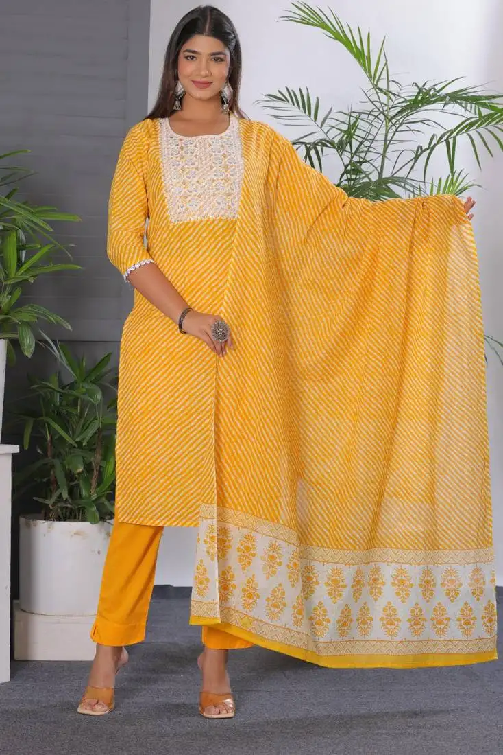 Yellow women lehariya printed embroidered aline kurta pant with dupatta set