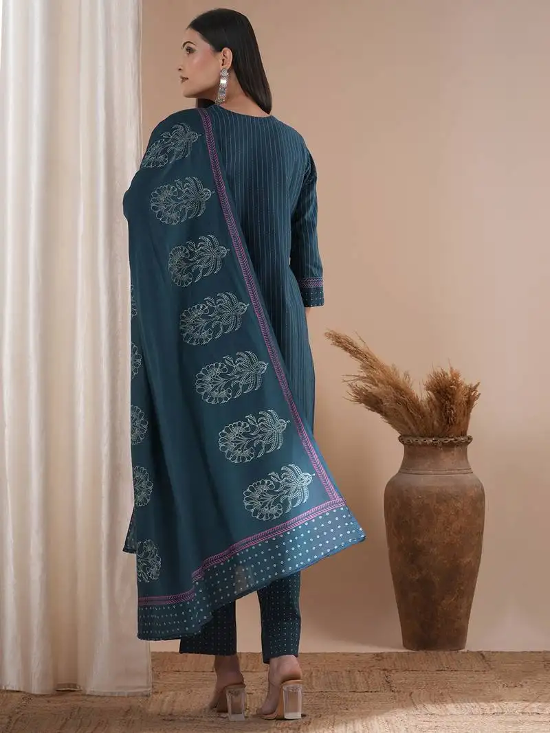 Blue dobby kurta set featuring highlights of contrasting colour embroidery & self bottom.